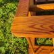 Pine coffee table, 1970s marquetry top, vinyl record rack.