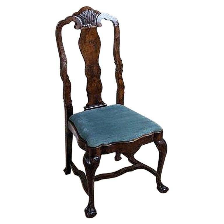 Chaise en chêne français antique avec tapisserie grise, années 1890.