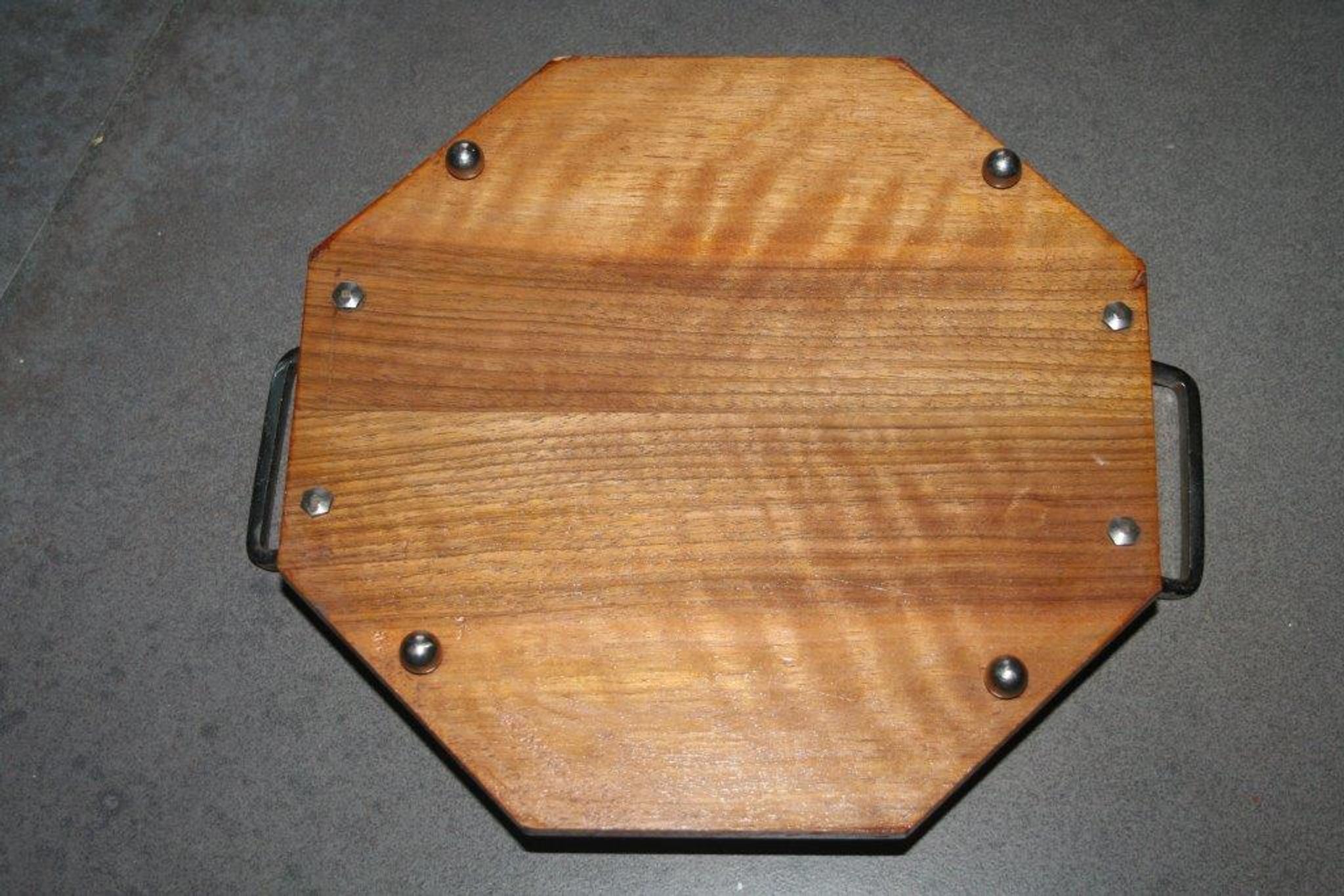 Plateau bois poignées chromées à 3 compartiments verre art déco