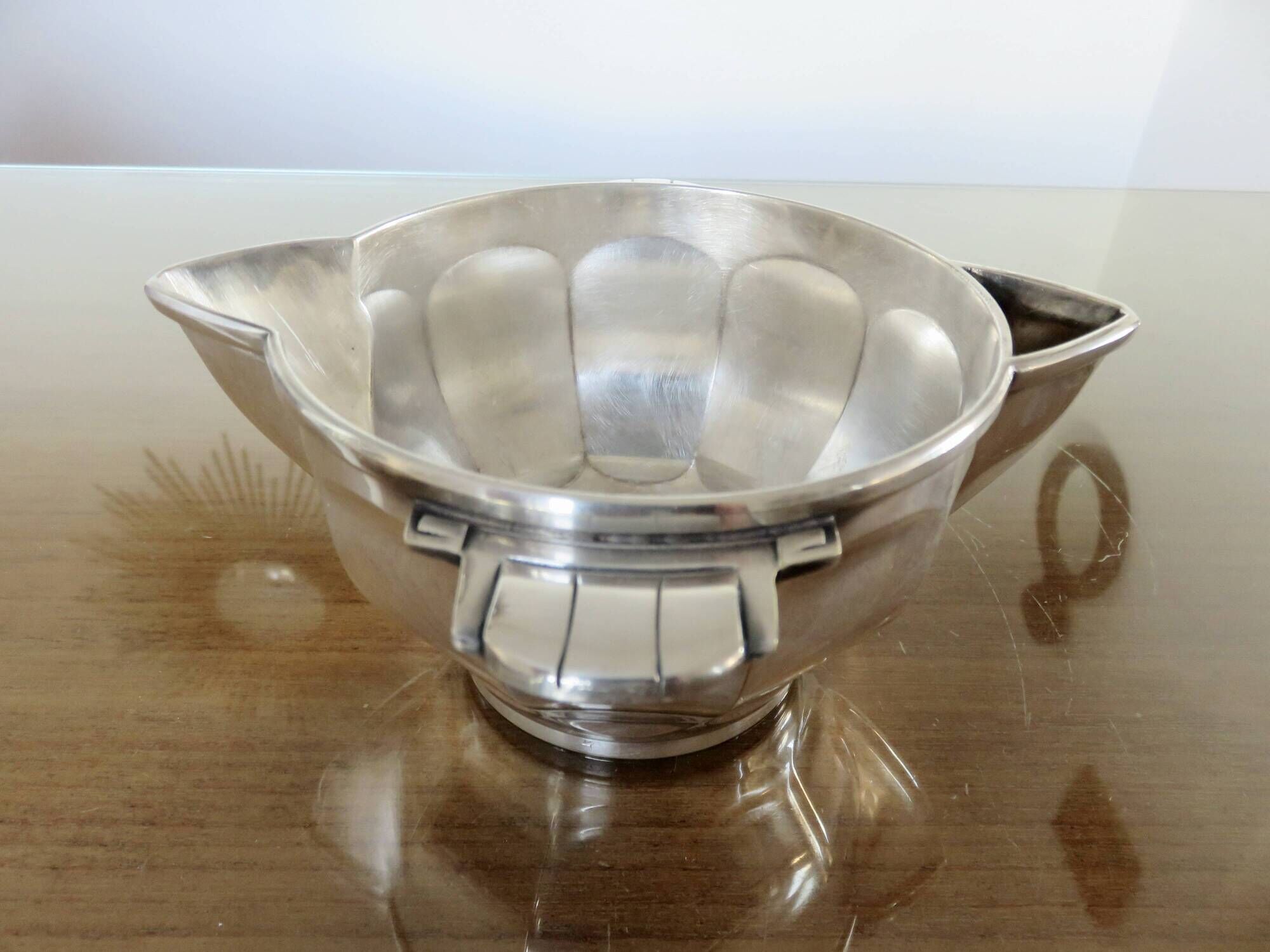 Art Deco silver-plated sauce boat with hallmark, 1920s-30s.