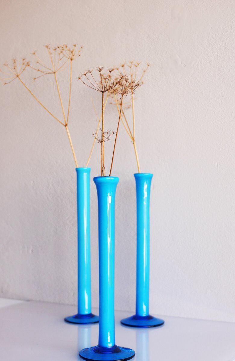 Vintage tall handblown orchid vases in azure blue by Artur Percy for Gullaskruf, 1970s, set of 3