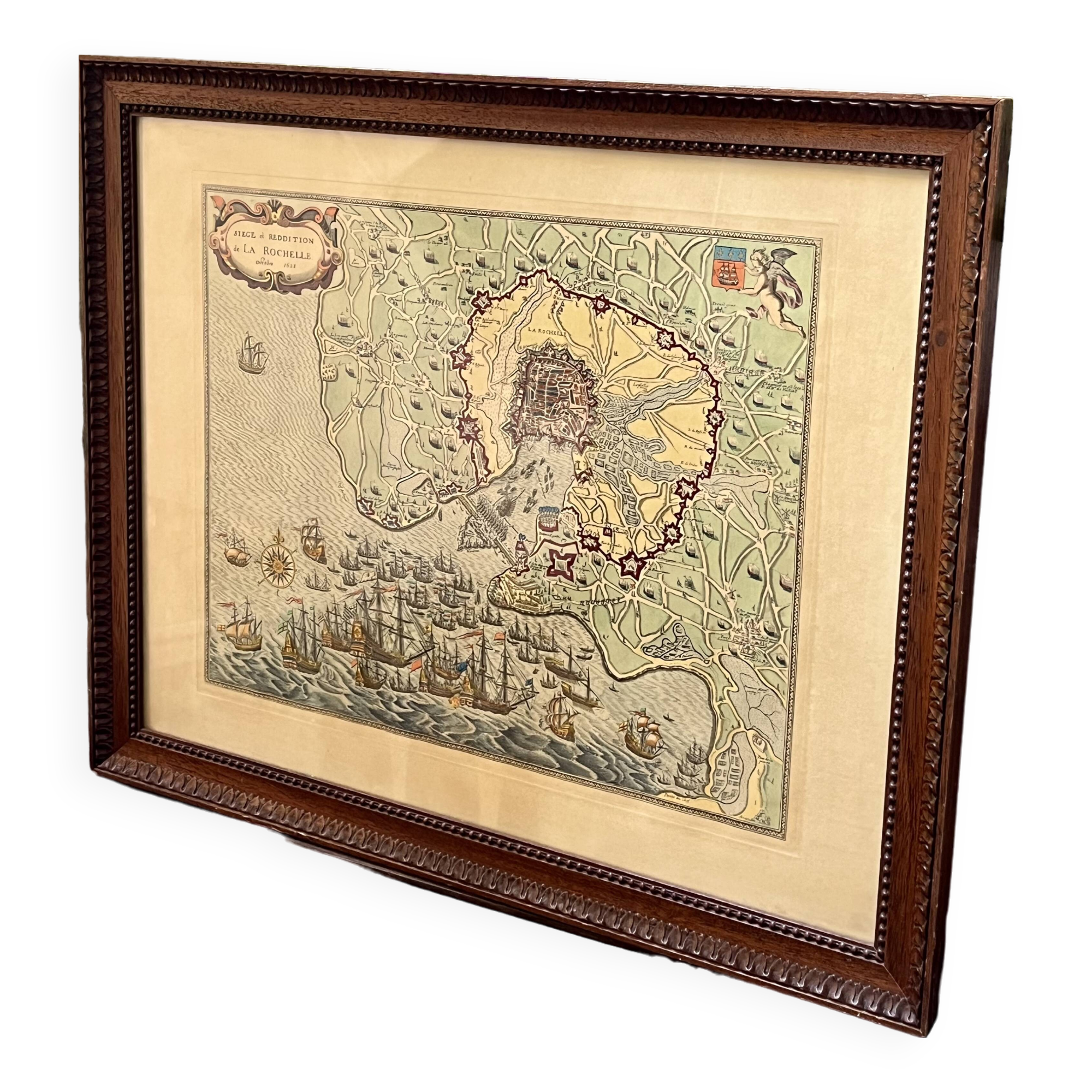 Engraving map siege & surrender La Rochelle -1628