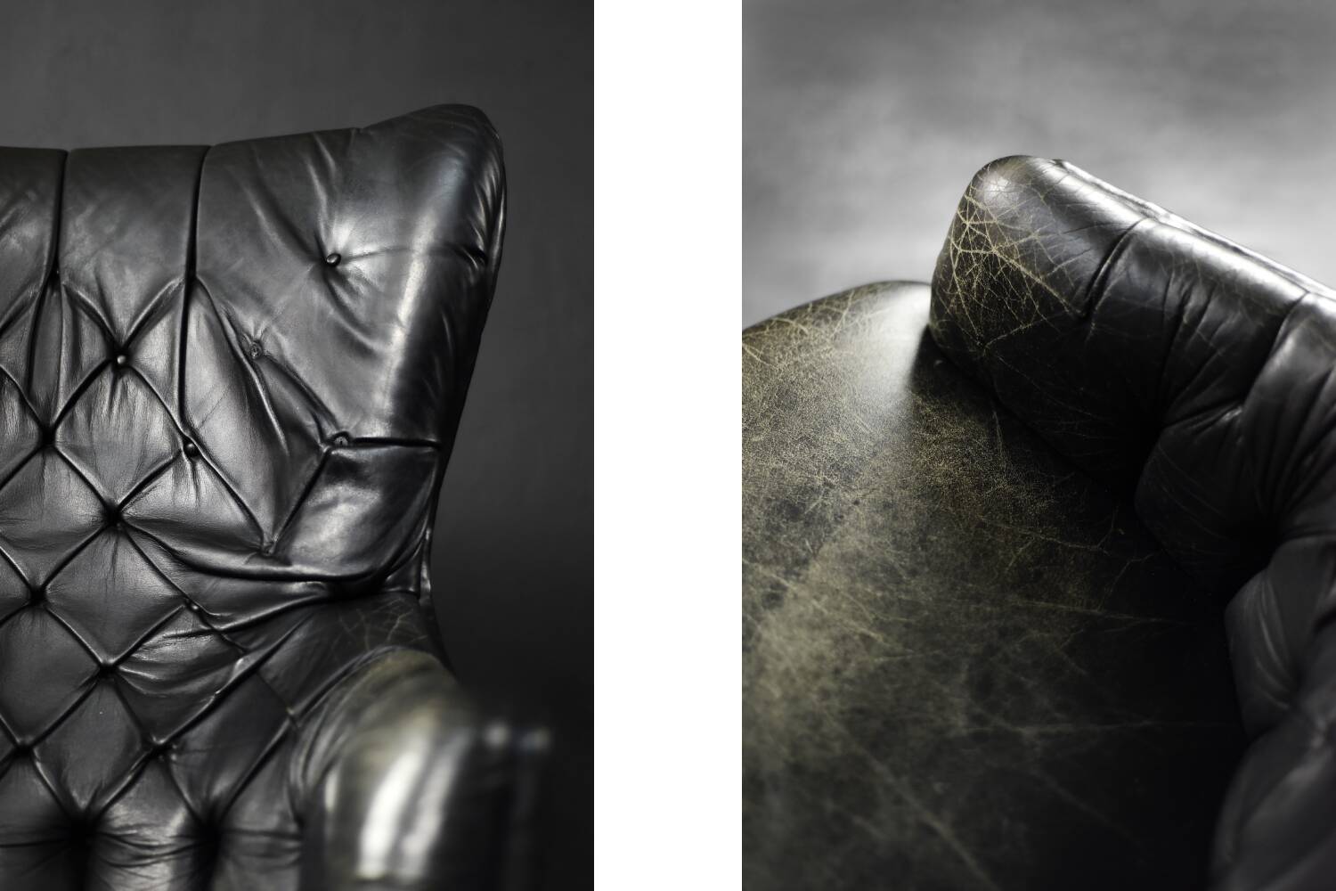 Vintage Danish modern wingback chair in black quilted leather, mid-20th century, 1960s.