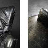 Vintage Danish modern wingback chair in black quilted leather, mid-20th century, 1960s.