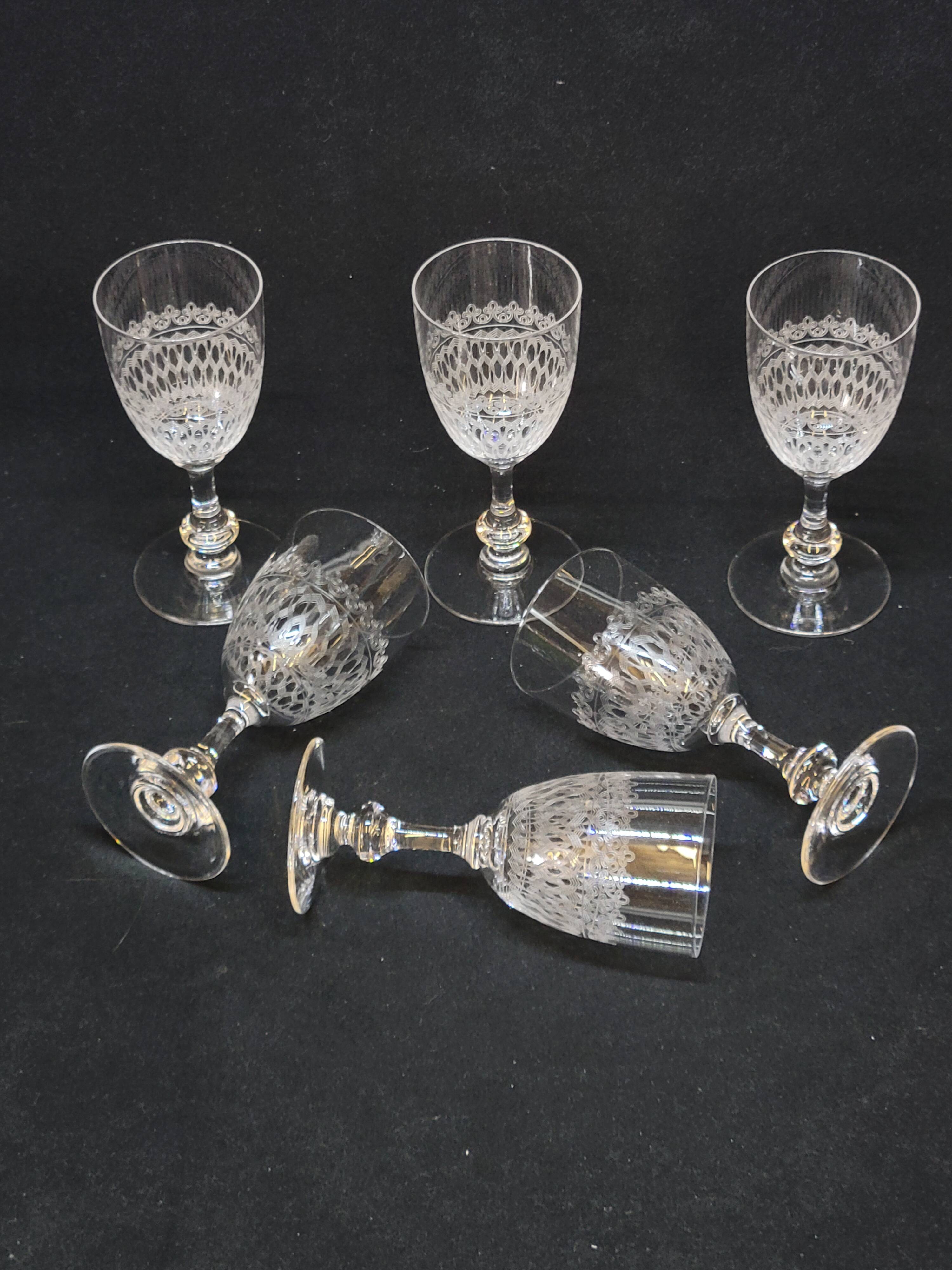 6 Antique Baccarat Crystal Engraved Wine/Port Glasses