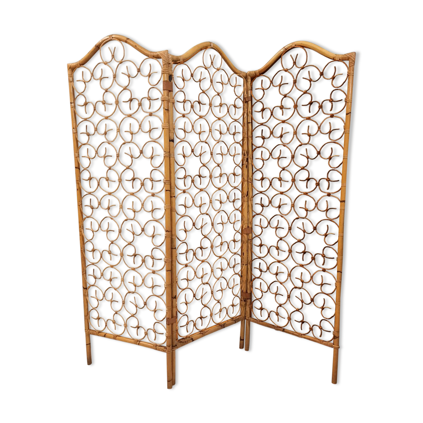 Vintage screen made of bamboo, wicker and leather