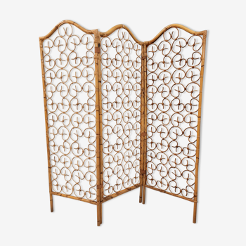 Vintage screen made of bamboo, wicker and leather