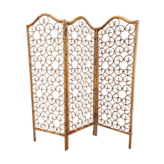 Vintage screen made of bamboo, wicker and leather