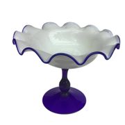Vintage footed coupe in opaline white and cobalt blue blown glass –