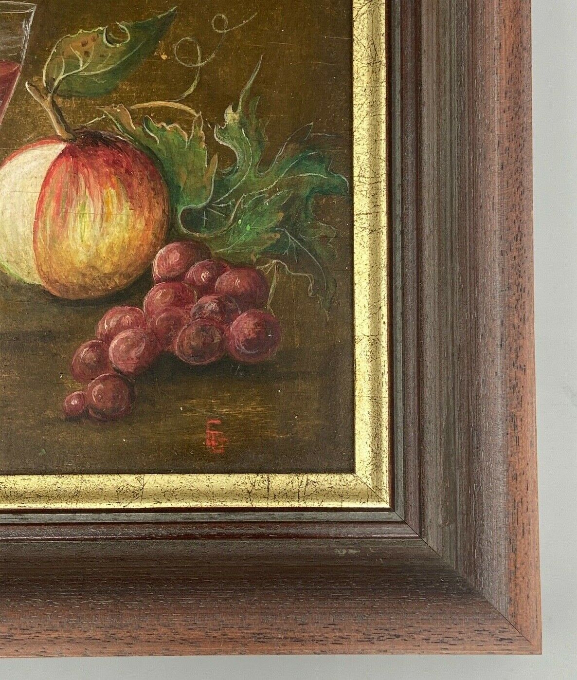 Oil panel monogram eg to identify still life fruits glass wine