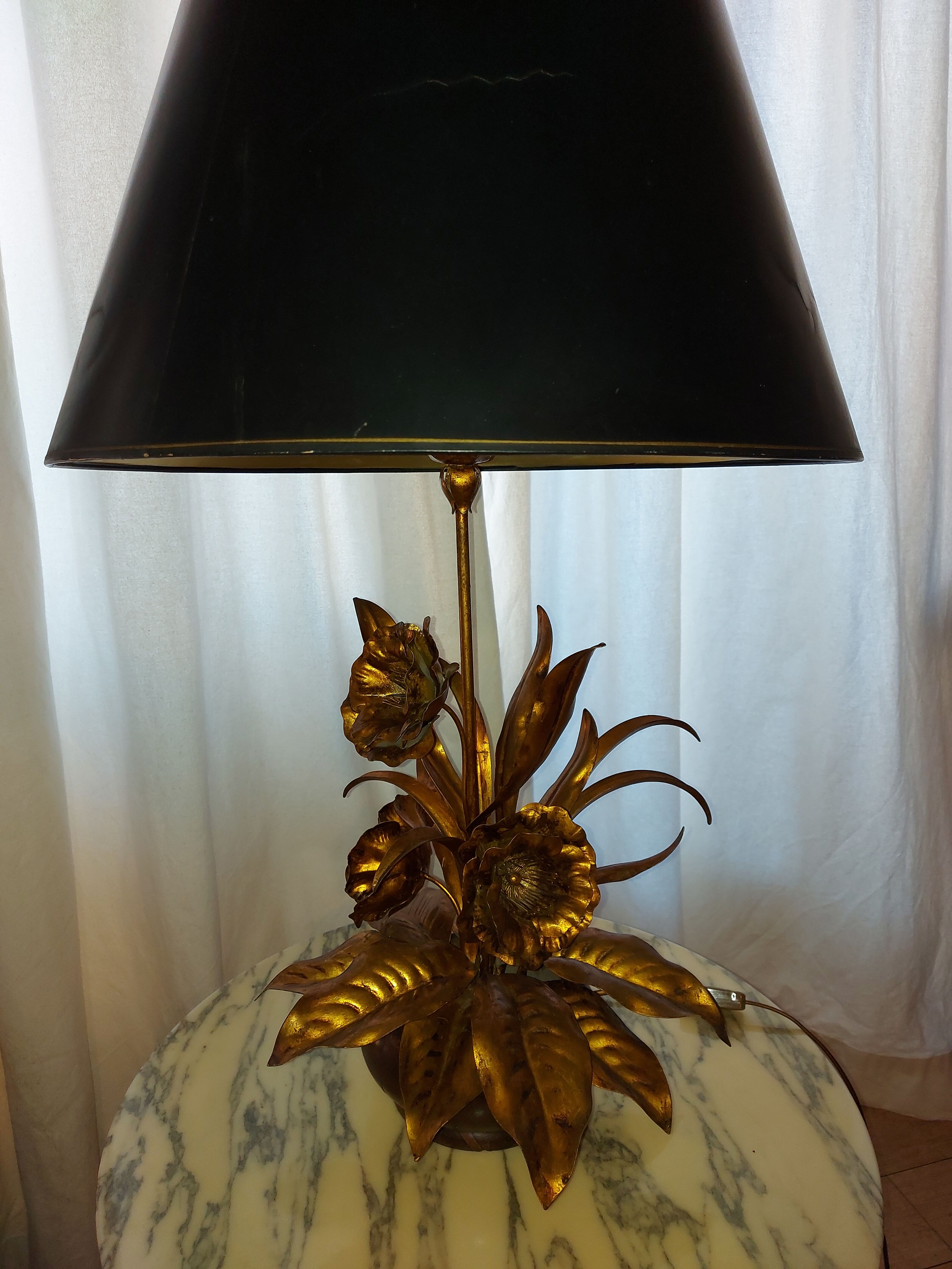 Large lamp, bouquet of vintage anemone flowers, gold metal, Hans Kogl