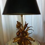 Large lamp, bouquet of vintage anemone flowers, gold metal, Hans Kogl