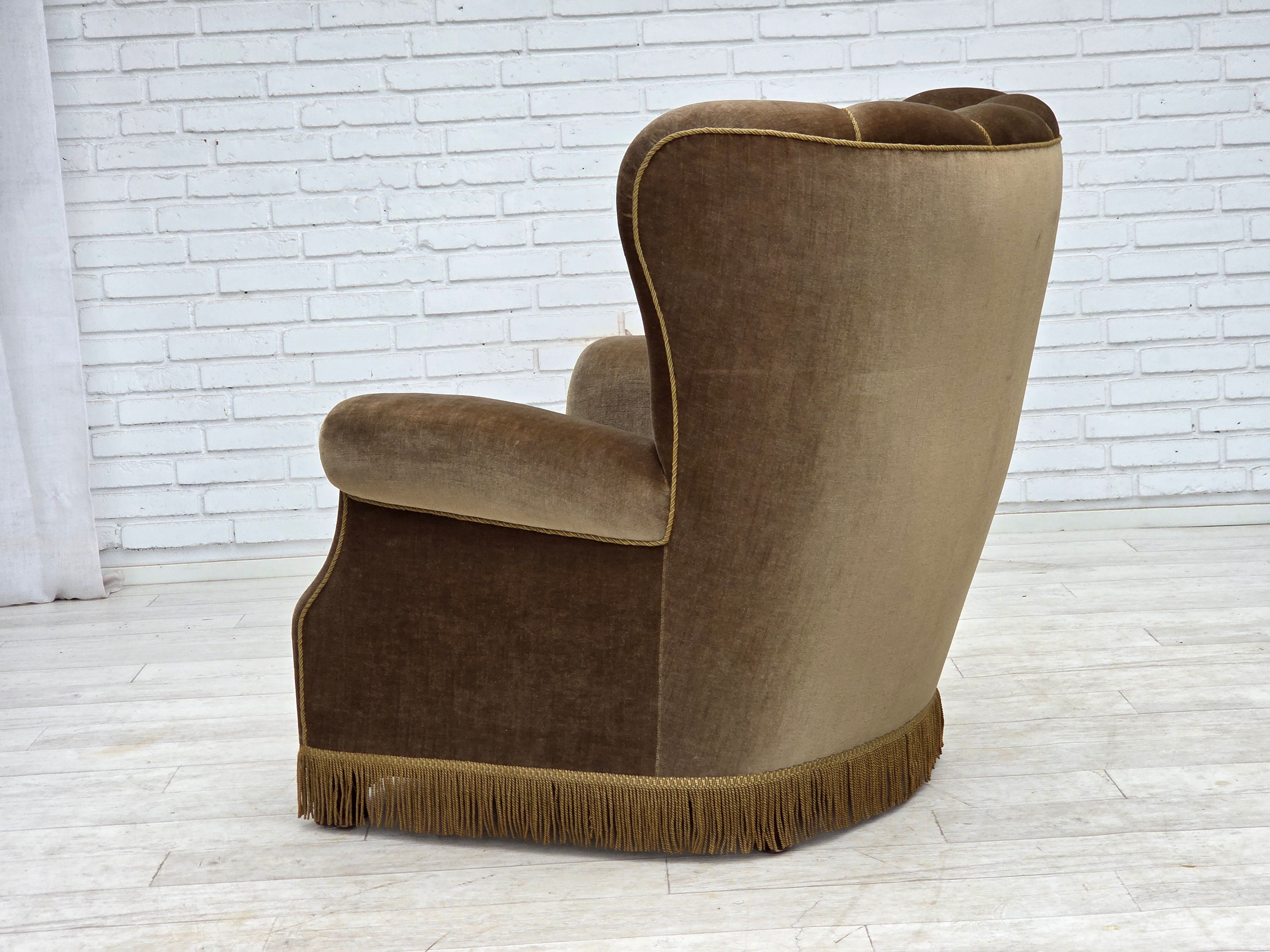 1960s, Danish relax armchair, dark green furniture velour, ash wood.