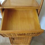 Storage column, bookcase in wood and woven rattan