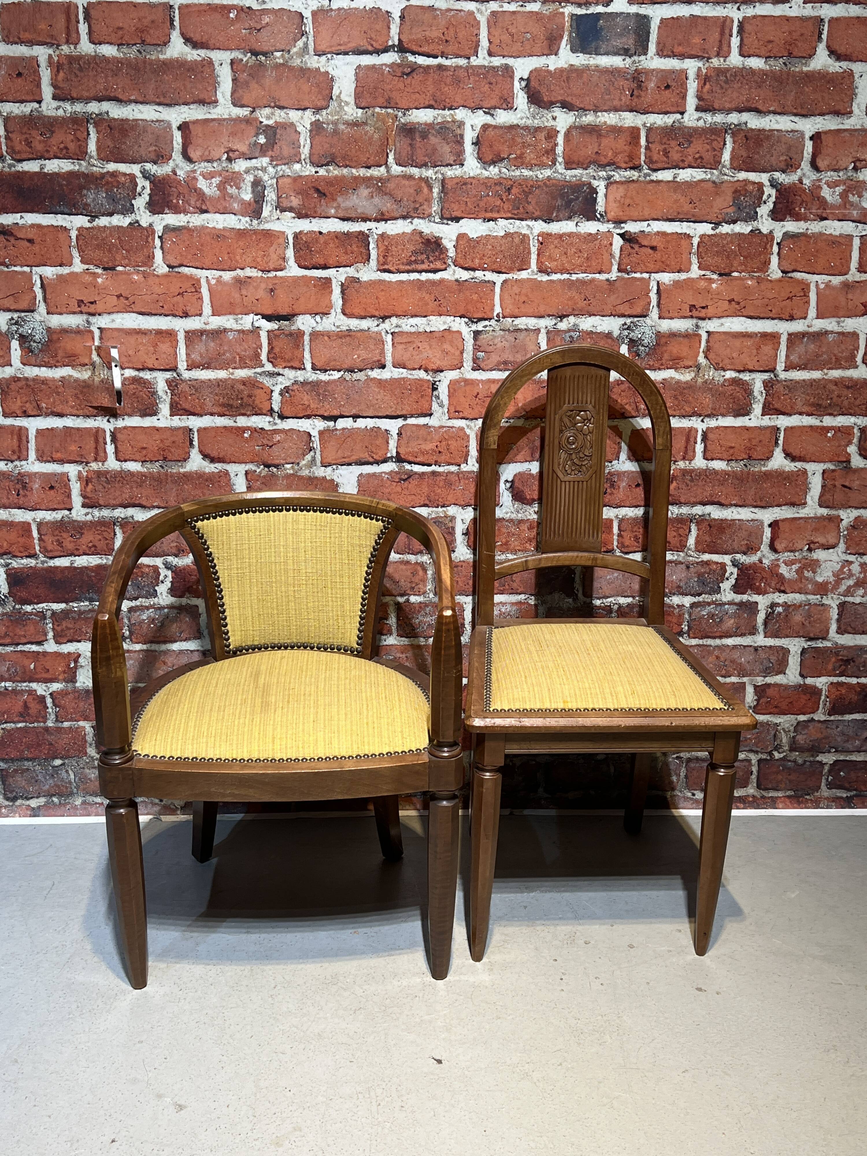 Set of a chair and an armchair in wood and yellow fabric