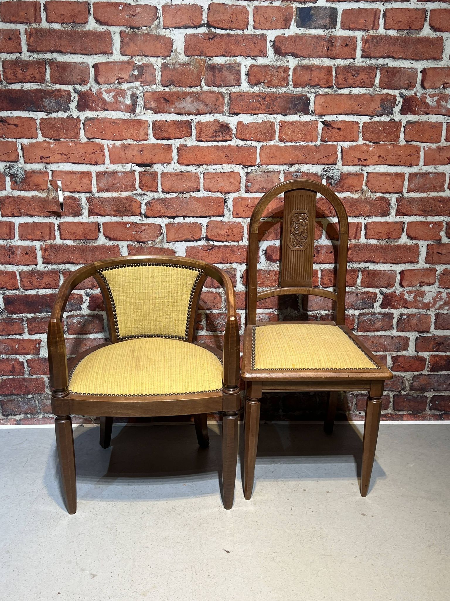 Set of a chair and an armchair in wood and yellow fabric