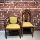Set of a chair and an armchair in wood and yellow fabric