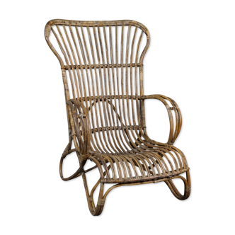 Fauteuil Belse 8 en rotin patiné à dossier haut Design Hollandais 1950