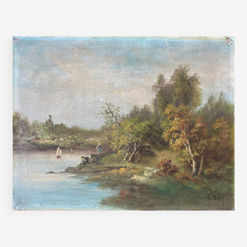 Tableau hst "paysage avec jeune pêcheur" par lucien henry (1850-1896)