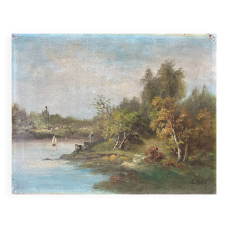 Hst painting "landscape with young fisherman" by lucien henry (1850-1896)