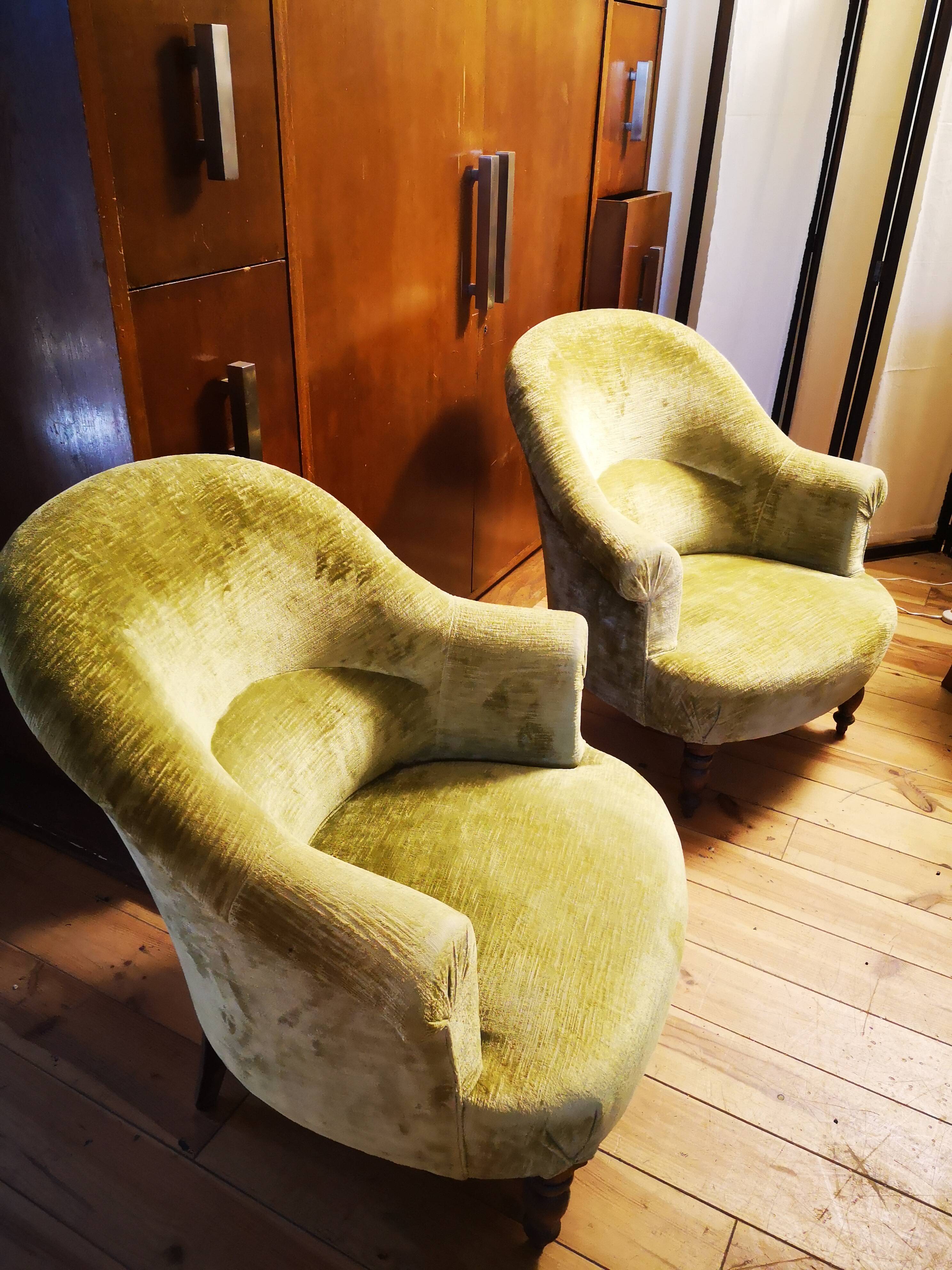 Pair of original tapestry velvet toad armchairs