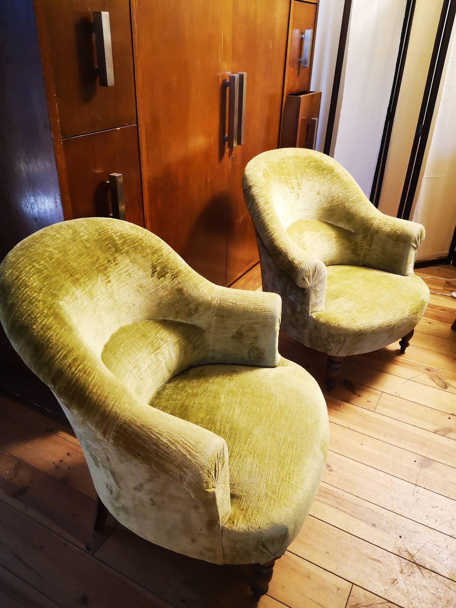 Pair of original tapestry velvet toad armchairs