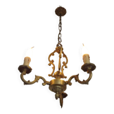Élégant lustre vintage en bronze à 3 lumières et 3 côtés de style cage.