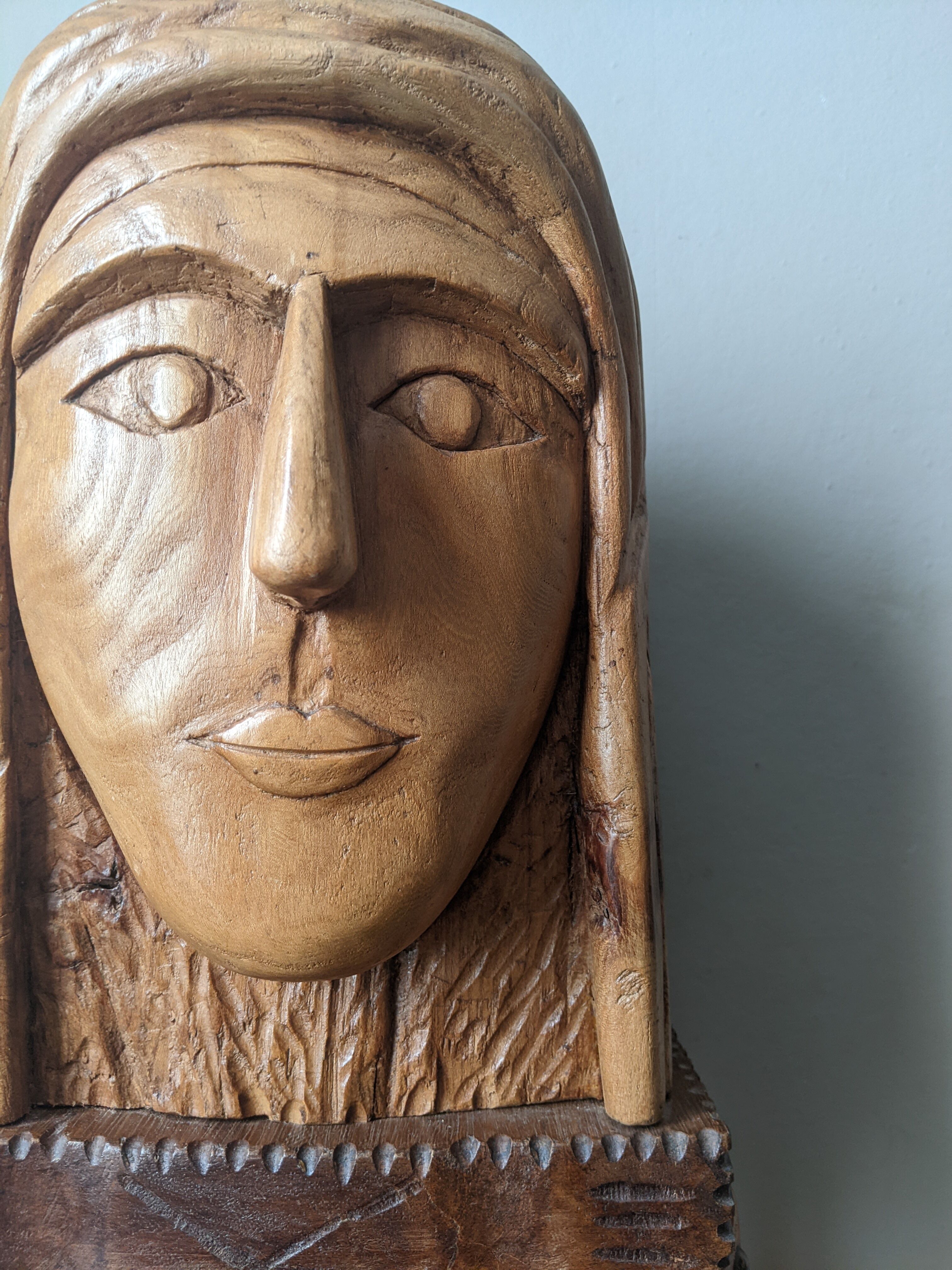 Handcrafted sculpture of the head of Christ in elm.