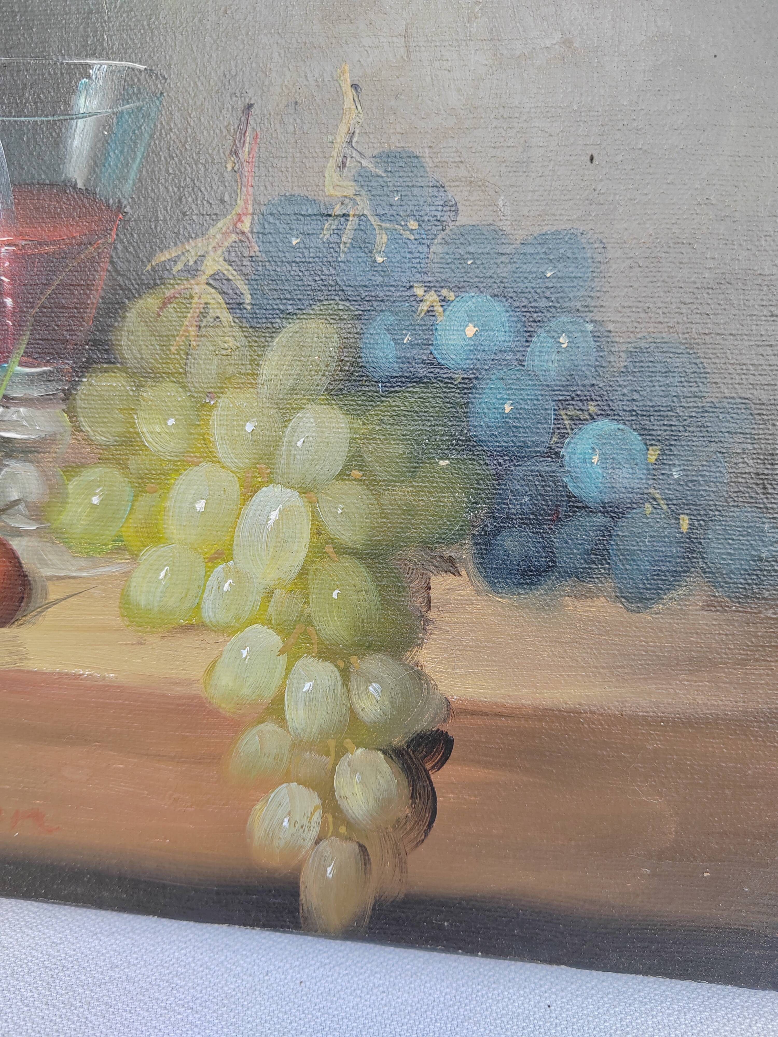 Small painting signed still life "Grapes and wine"