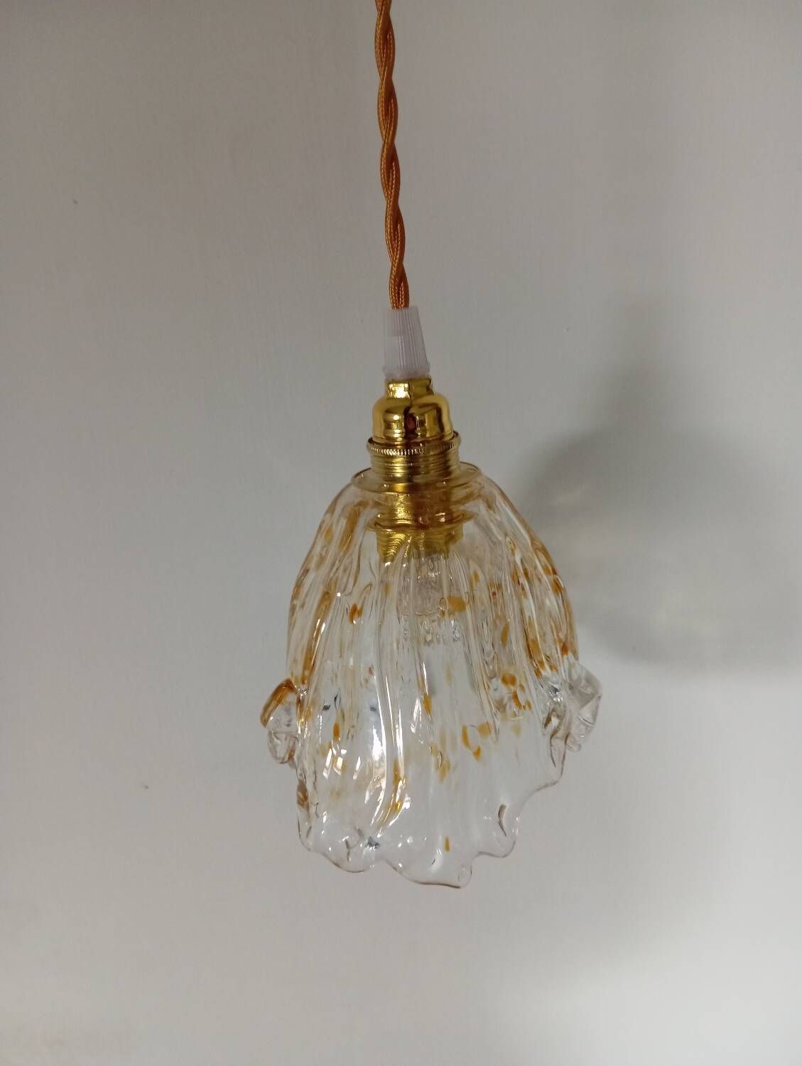 Hanging pendant light thick transparent draped and amber glass, vintage