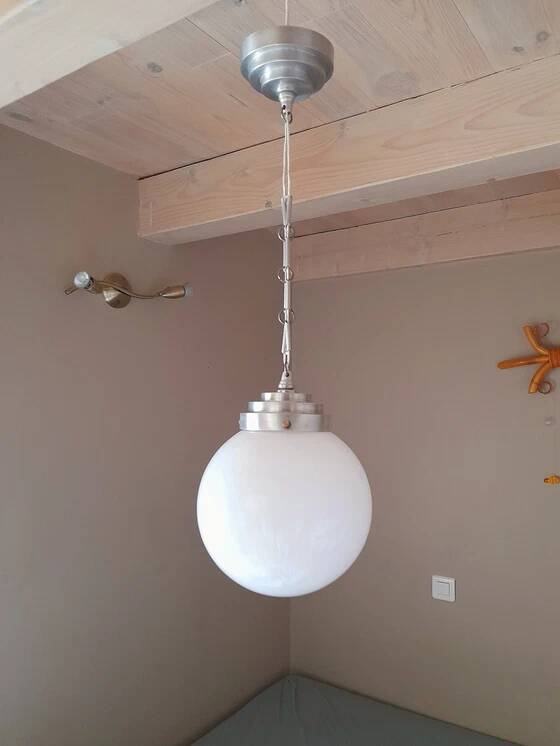 Art Deco white opaline glass globe pendant light