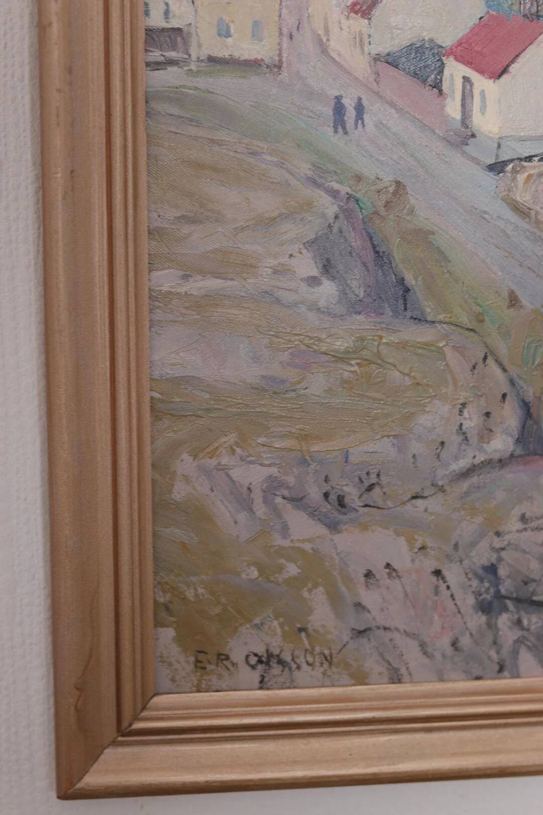 Original Swedish Oil on Panel – “Village Scene II” by E. R. Olsson – Signed