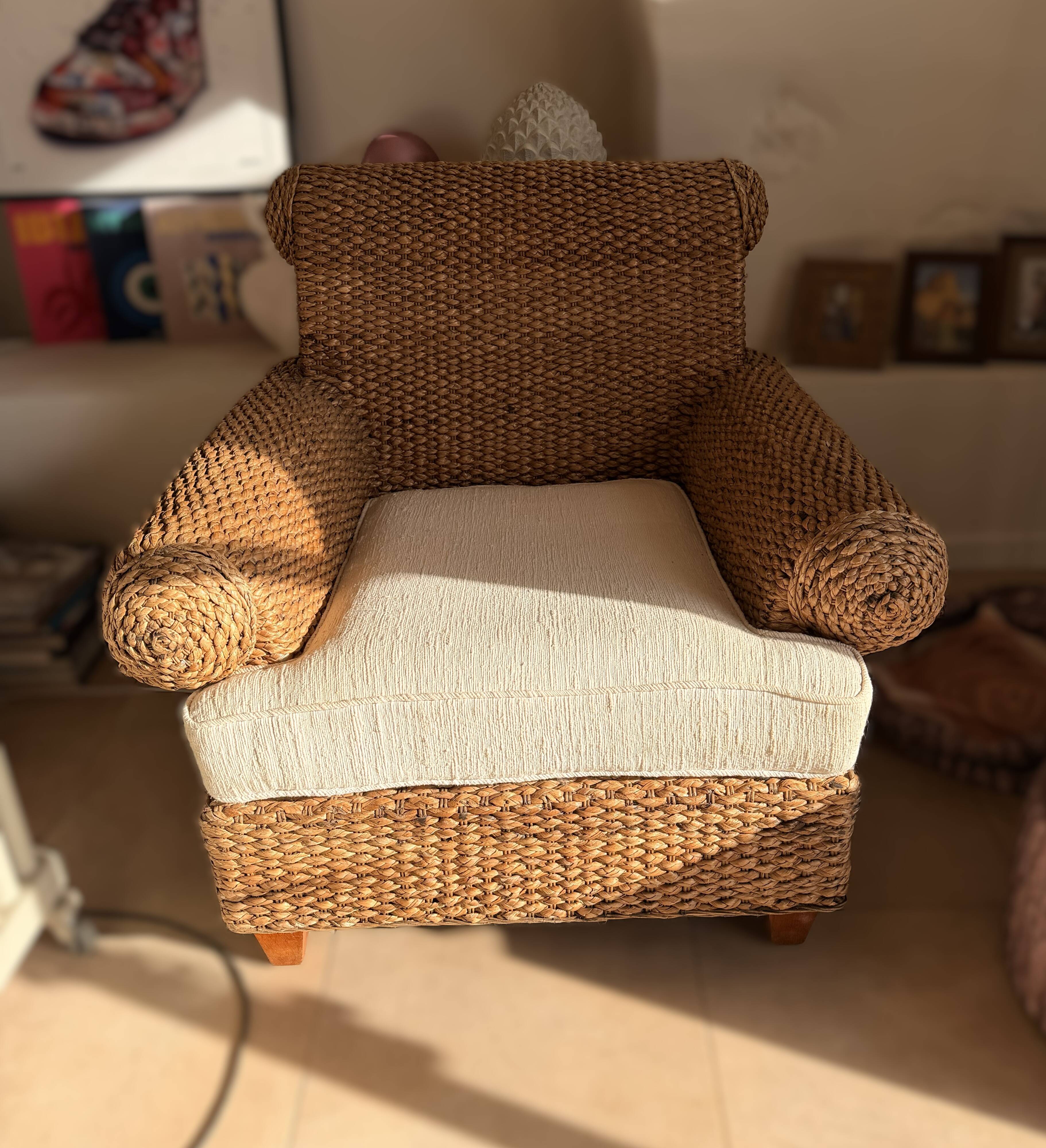 Fauteuil d’exception en jacinthe d’eau – coloris antique – pièce rare