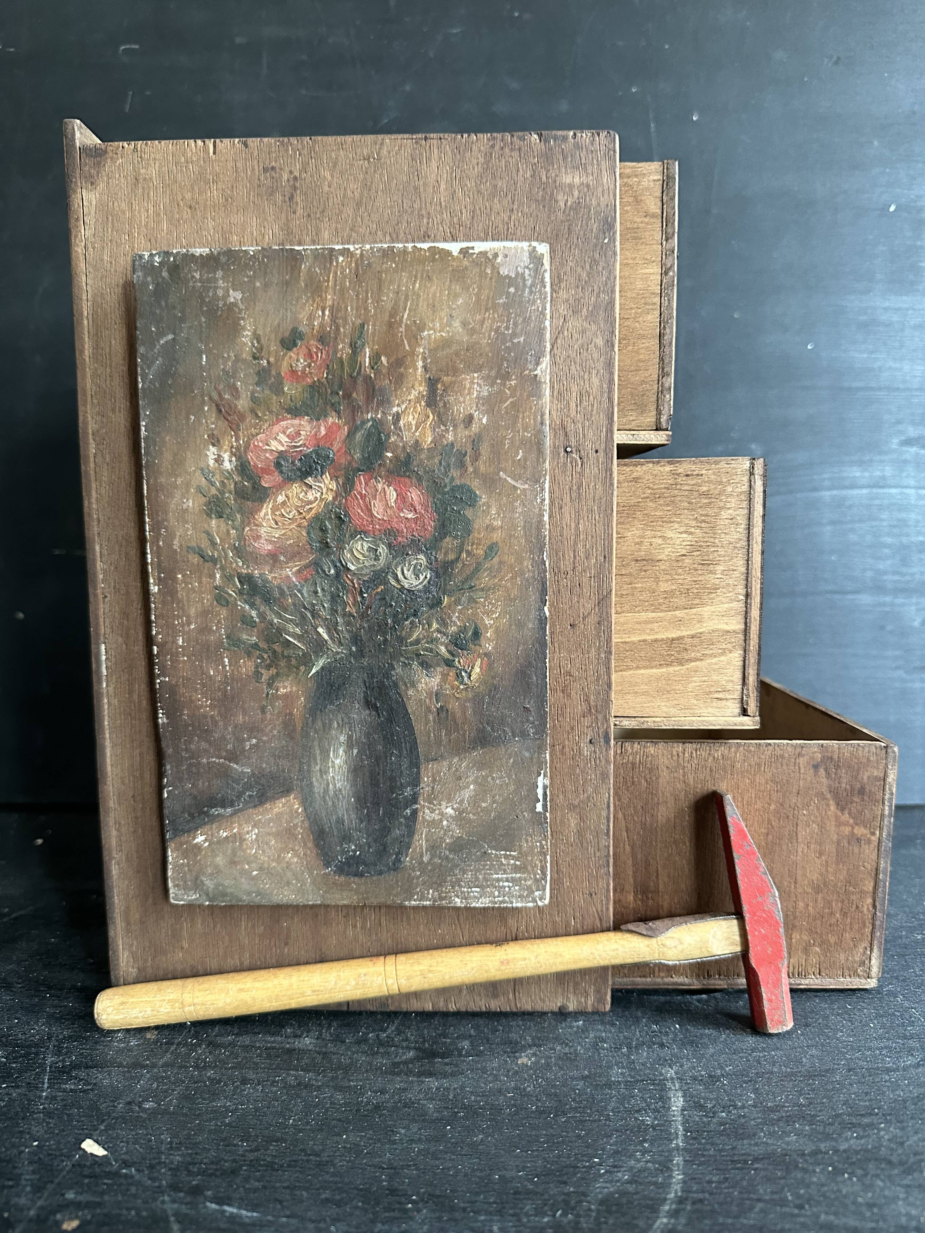 Small antique wooden drawer unit with floral painting, 1900.