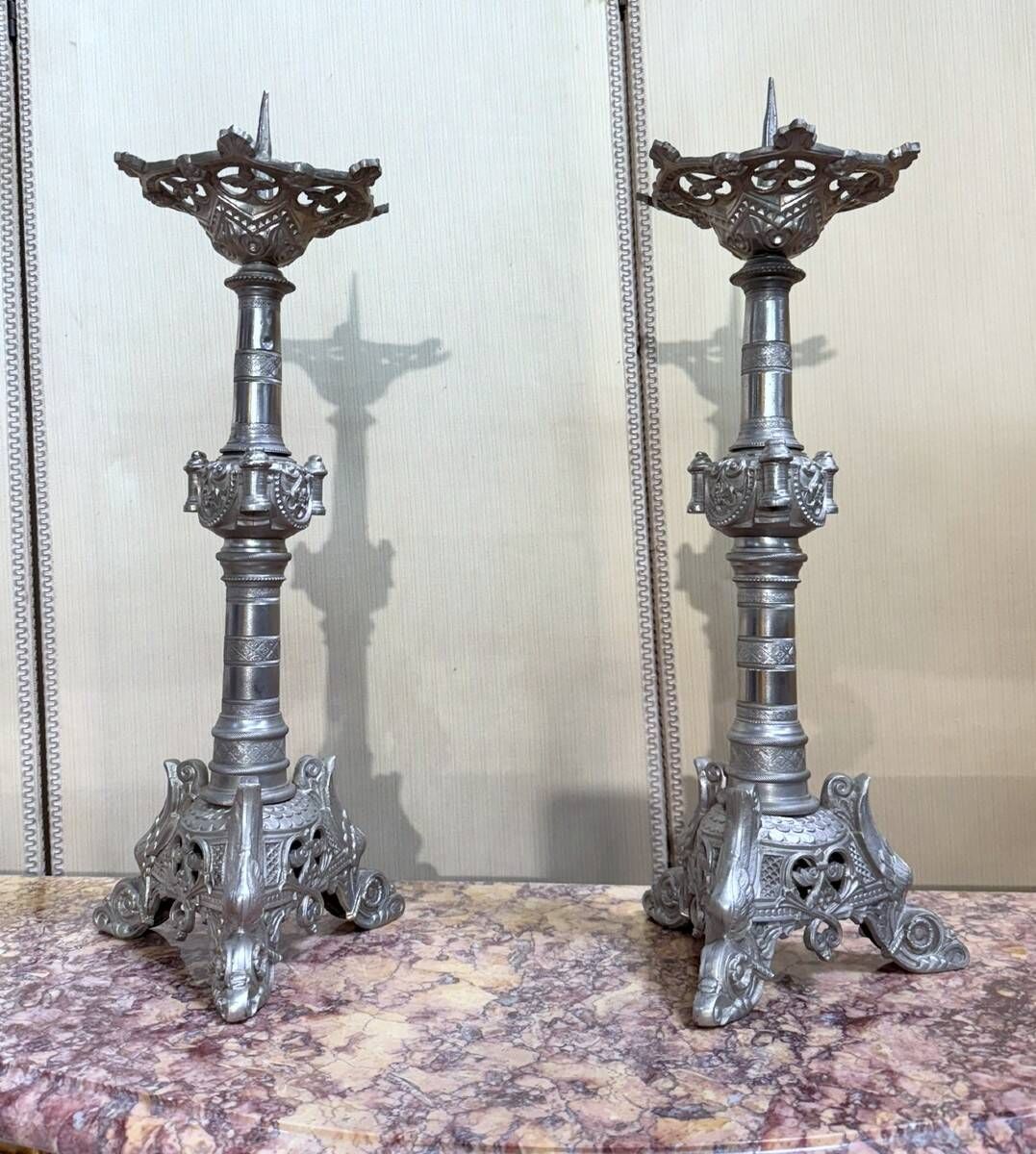 large pair of silvered bronze candlesticks from the 19th century