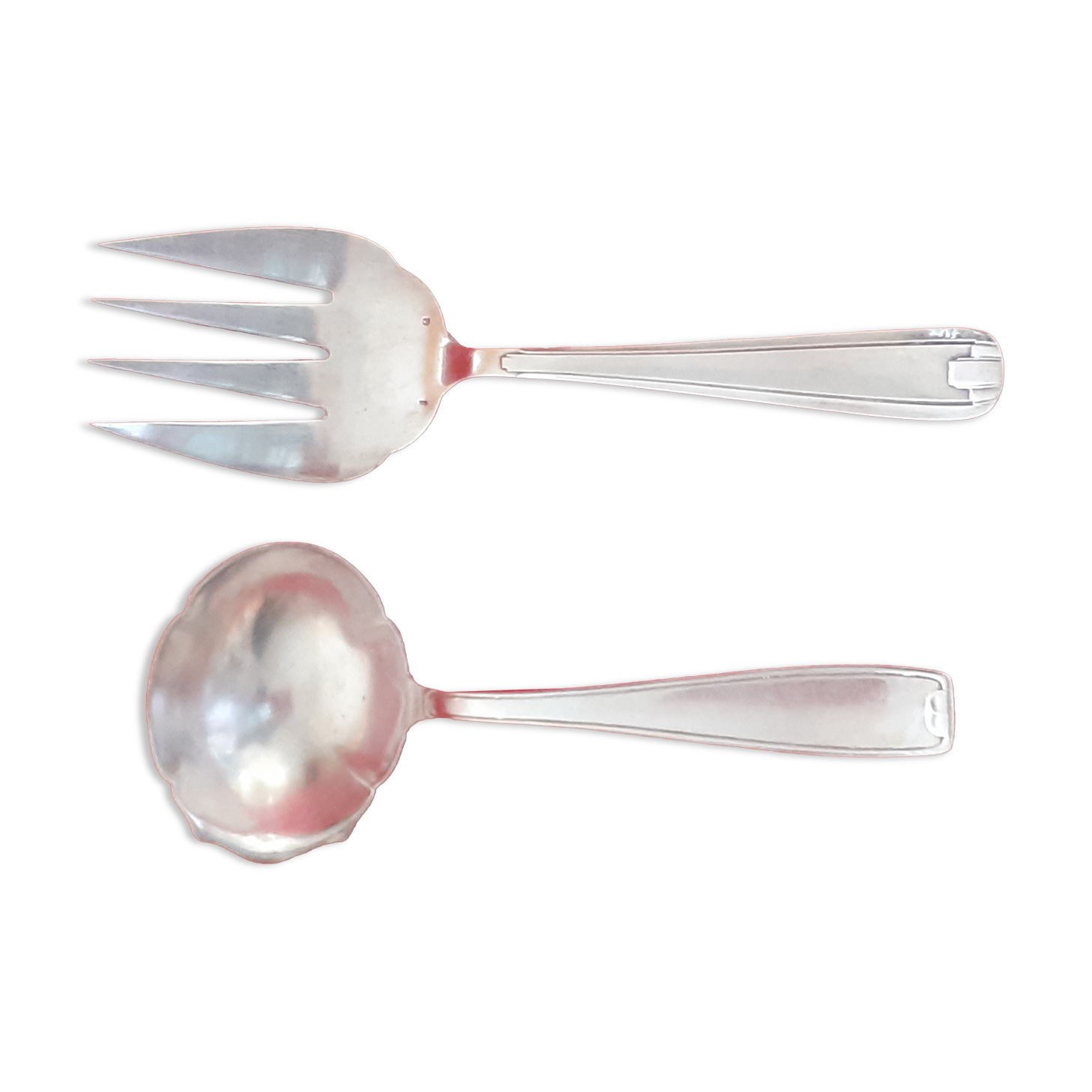 Sauce spoon and wide fork in silver metal, year 50
