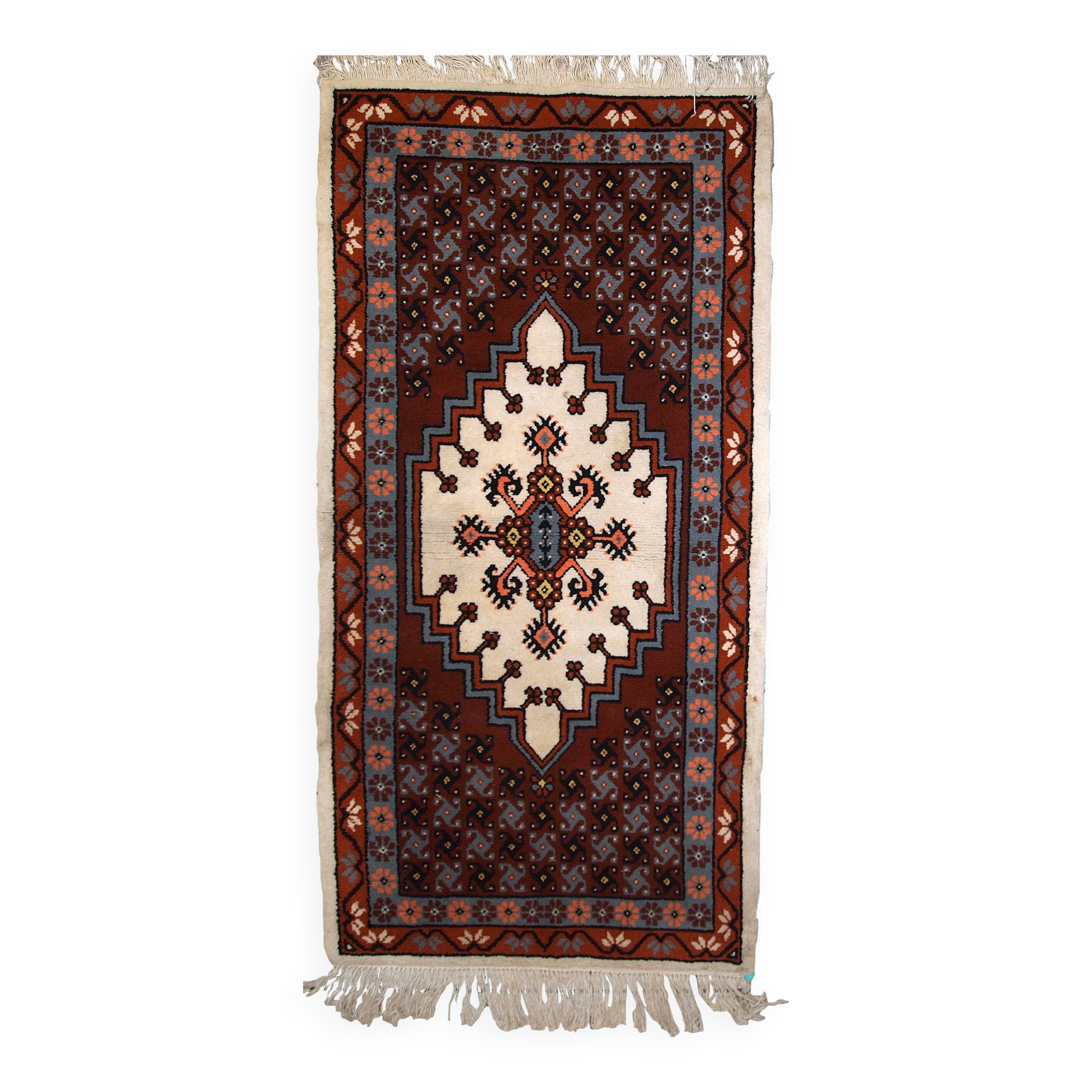 Tapis vintage fait main Berbère en laine bordeaux et blanc (81cm x 170cm)