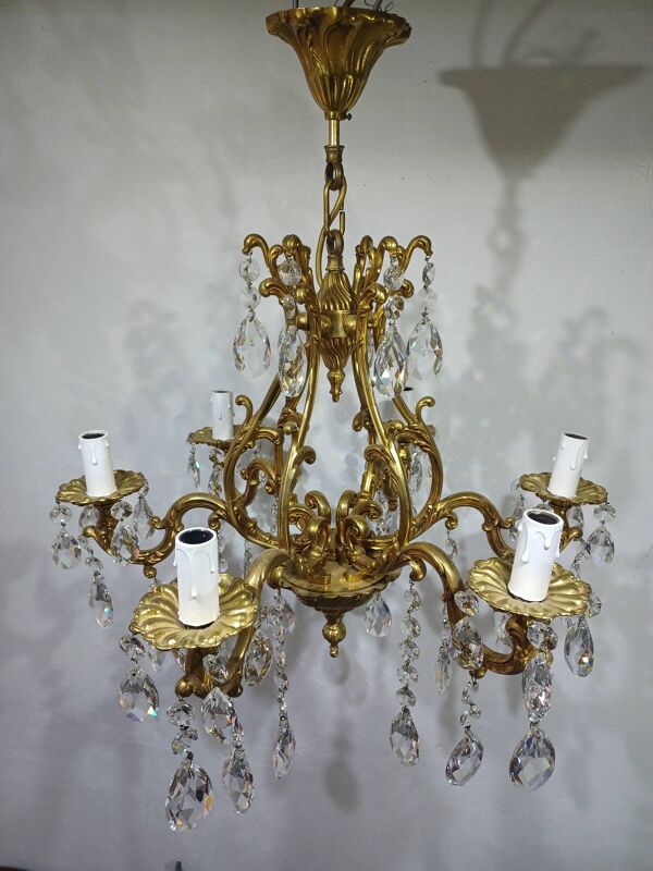 Lustre cage 6 lumières bronze et cristal