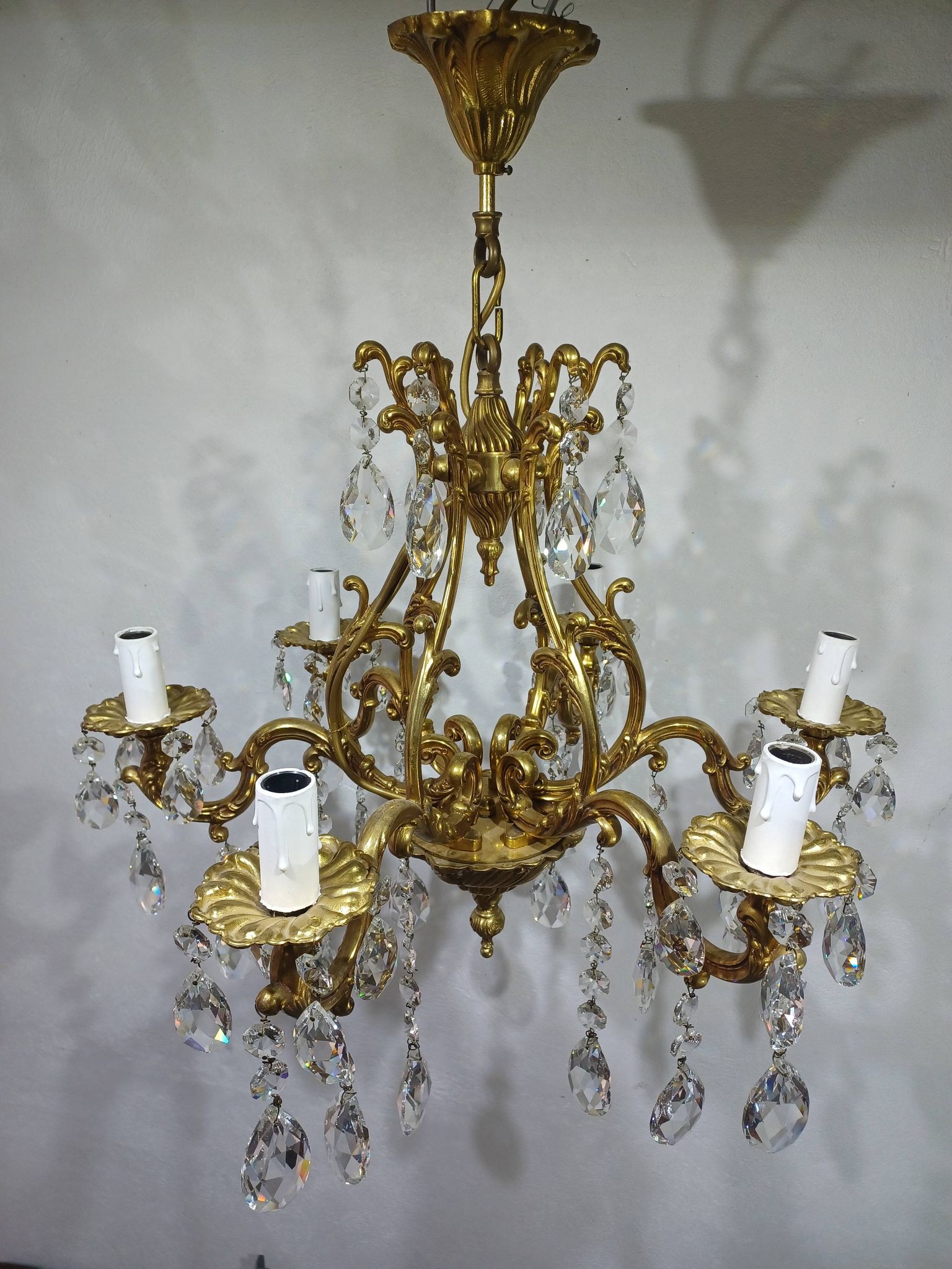 Lustre cage 6 lumières bronze et cristal