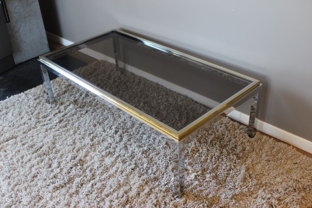 Table basse vintage en verre, laiton et chrome années 70