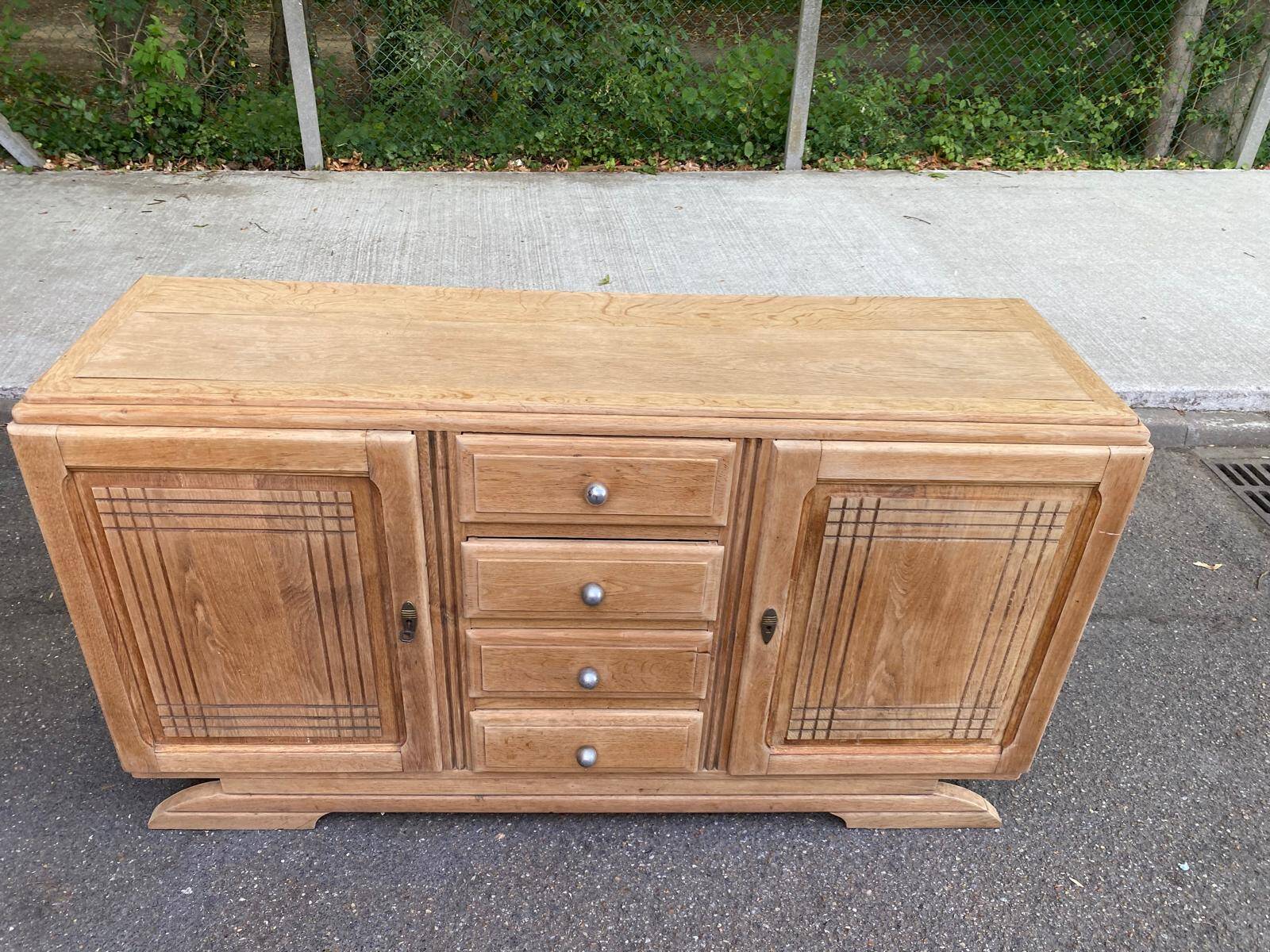 Enfilade Art Deco buffet by Charles Dudouyt, stripped in solid oak, 1930.