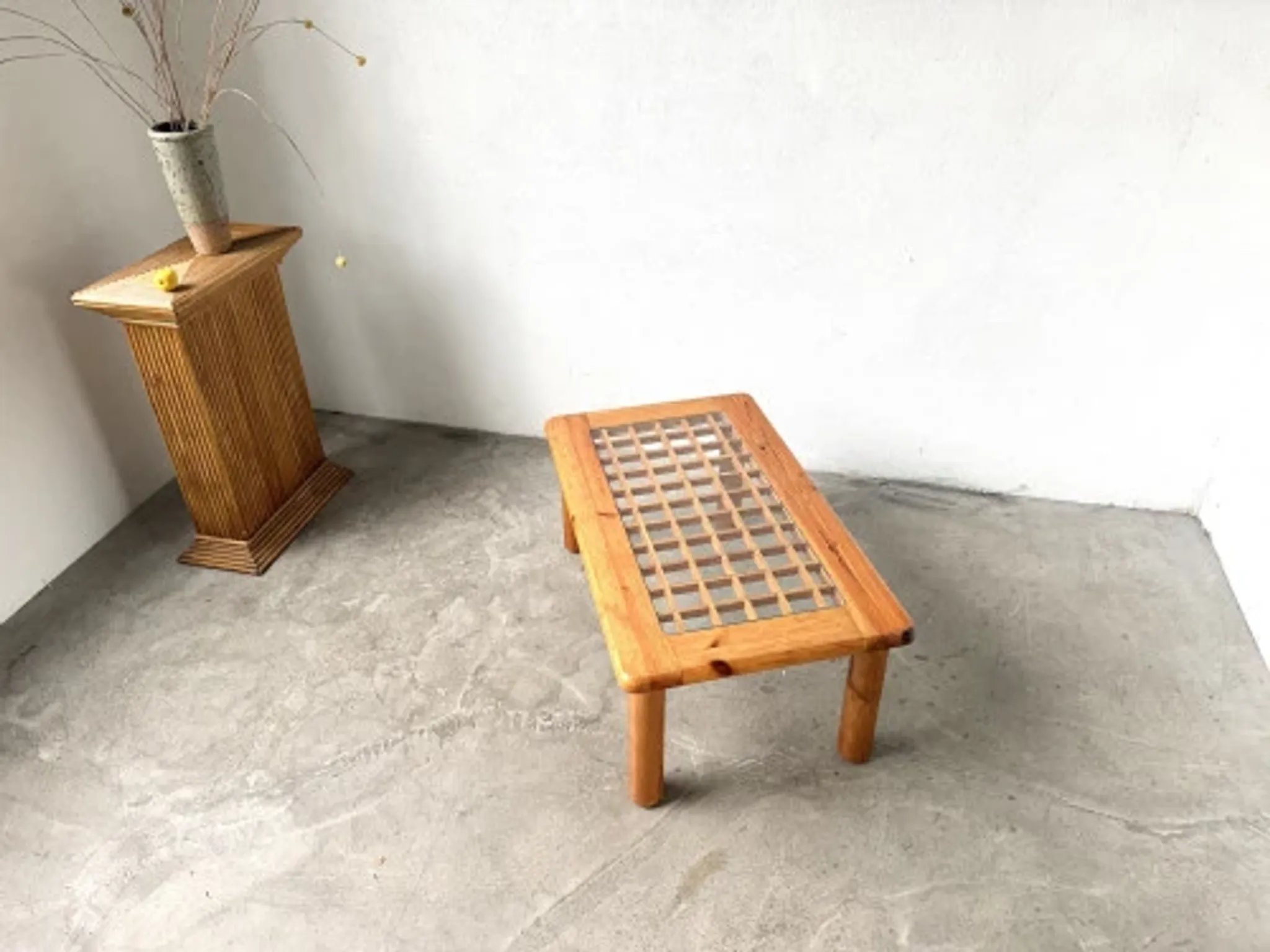 Scandinavian coffee table in solid pine and glass, 1970s