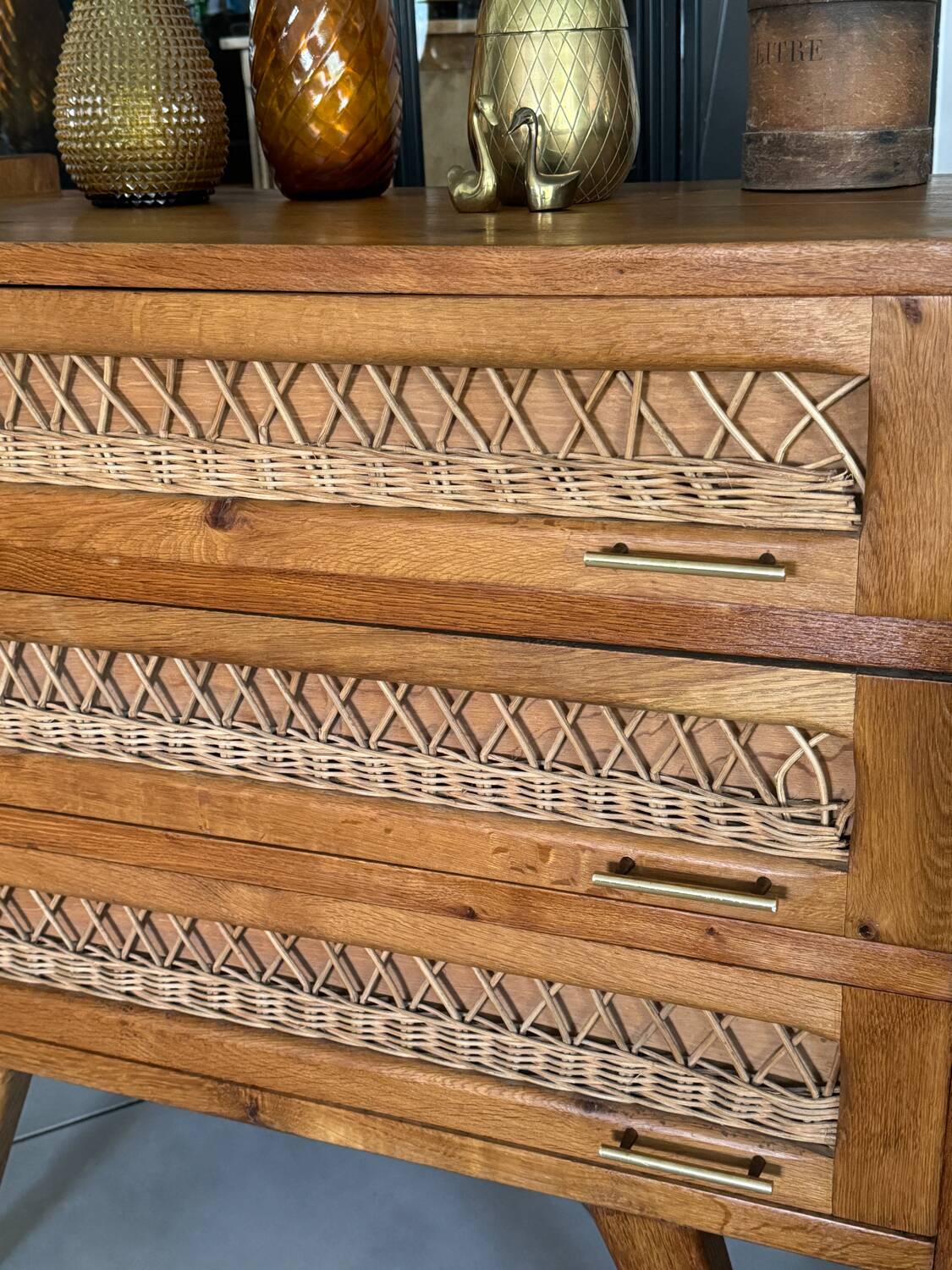 Old vintage wooden and rattan chest of drawers