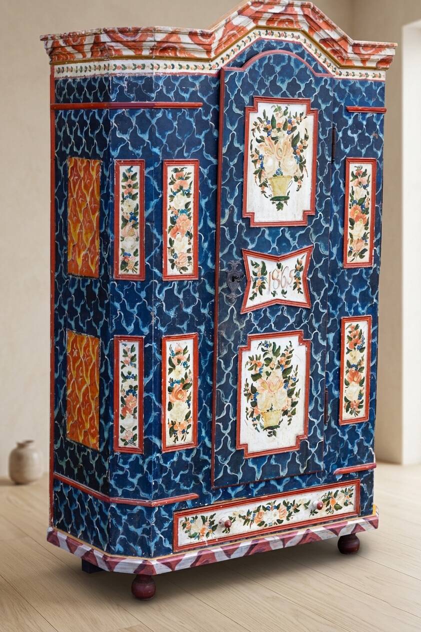 Antique hand-painted Baroque chest folk art cabinet dated solid wood Central Europe, 1865