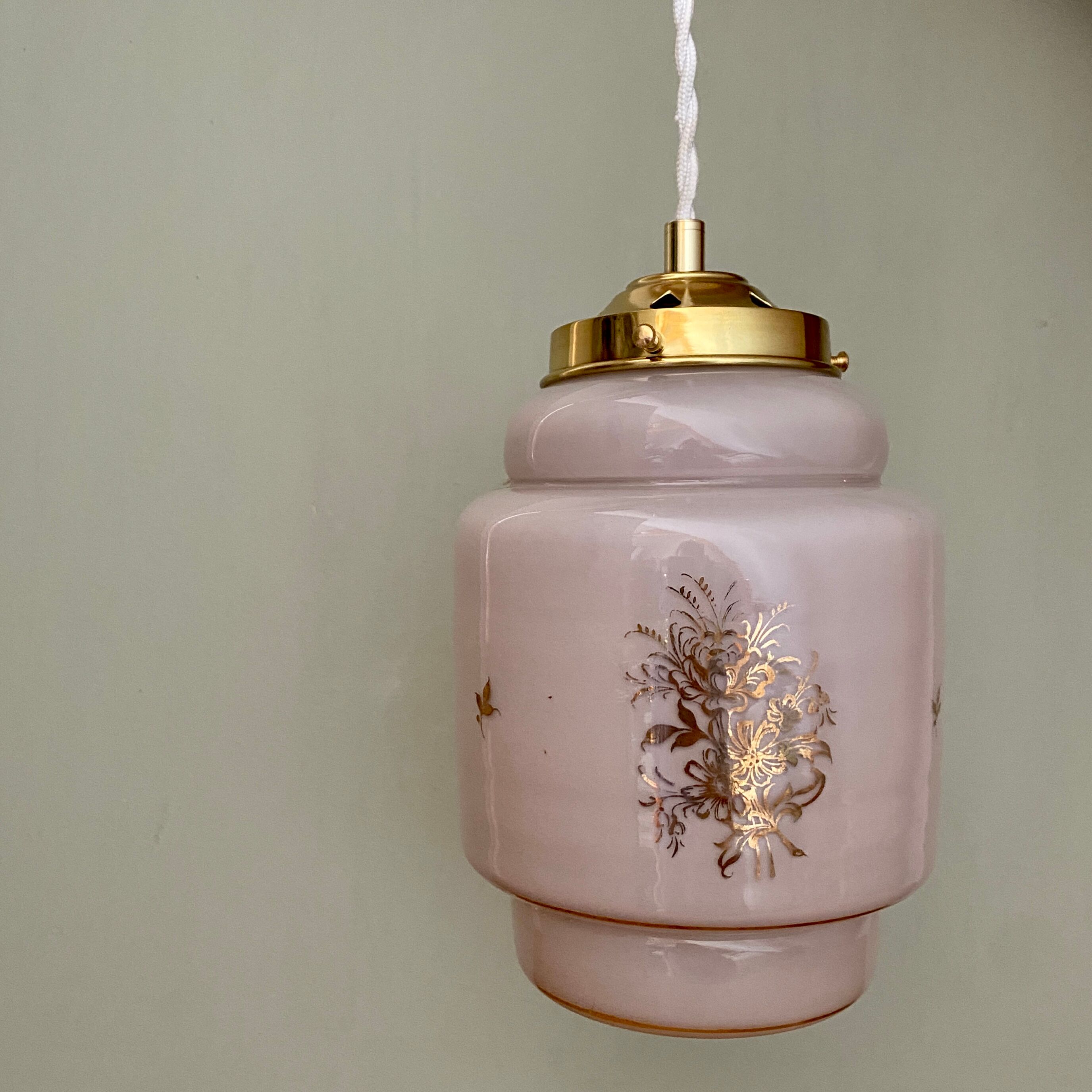 Vintage pink opaline globe pendant lamp with gold designs