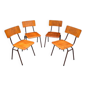 4 vintage school chairs in metal and wood, Mid-century design