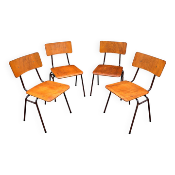 4 vintage school chairs in metal and wood, Mid-century design