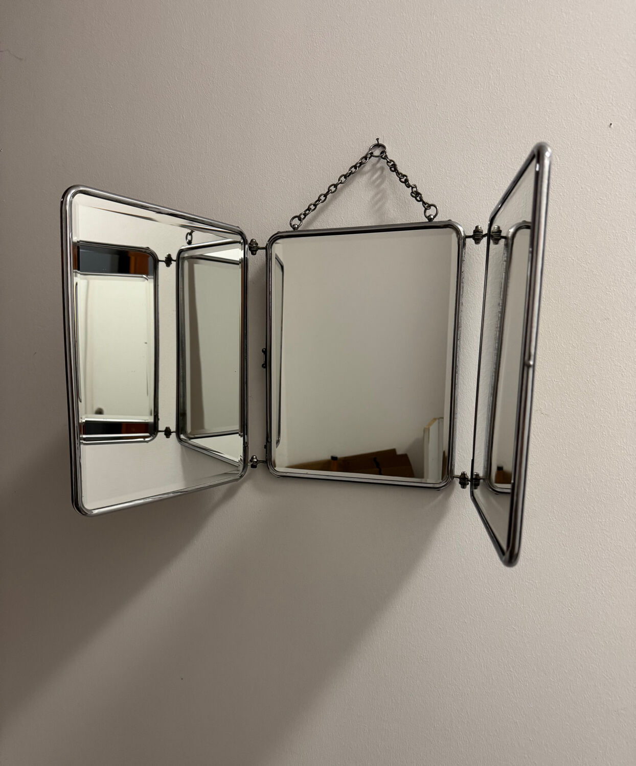 Bevelled triptych barber mirror from the 1950s.