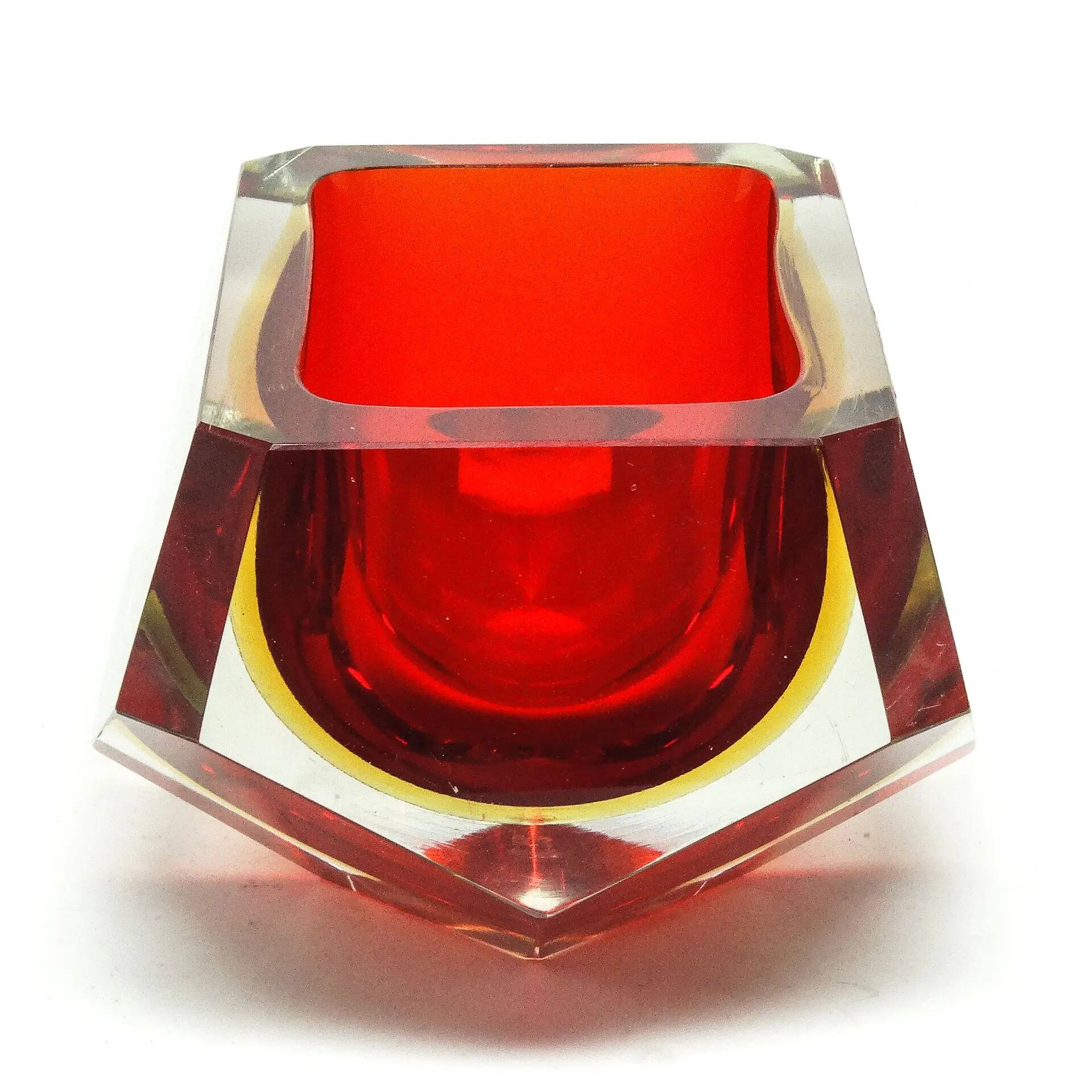 Murano basket, modernism, red glass, designed by F. Poli, Italy, 1950s