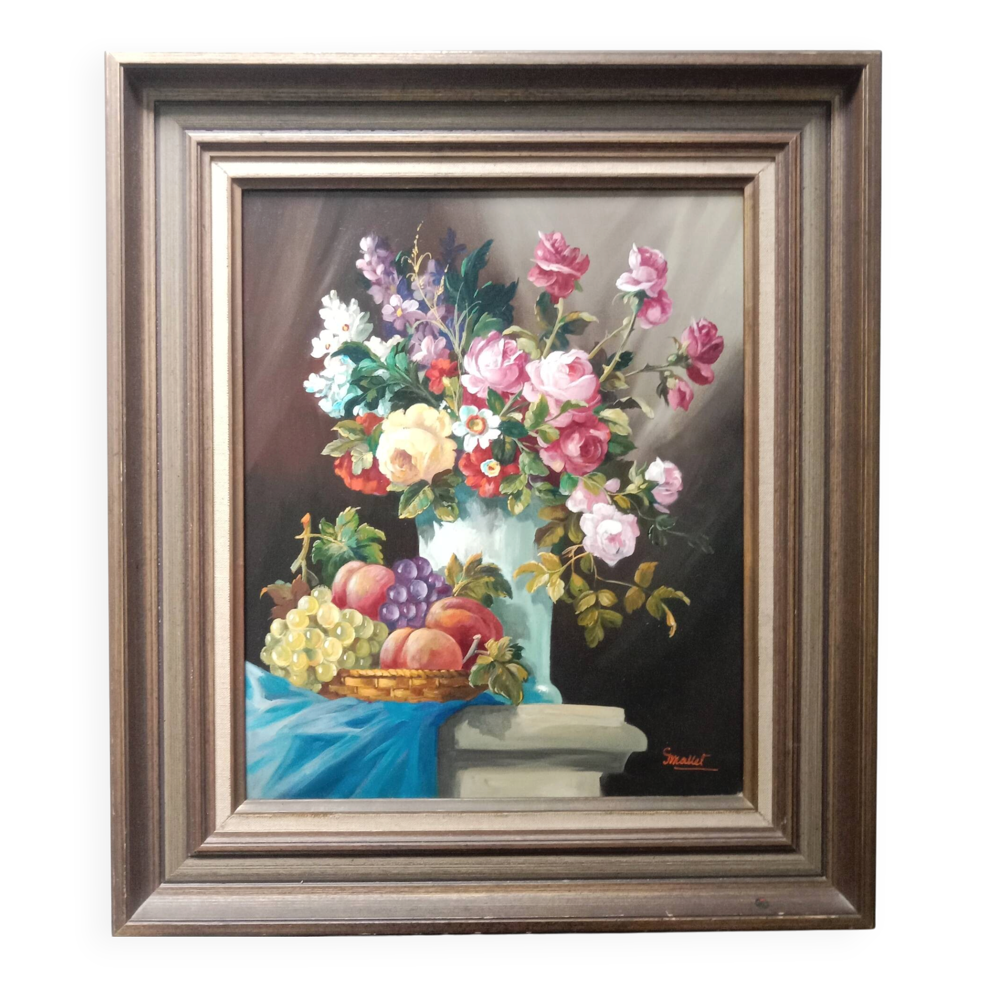Tableau Nature morte aux fleurs et aux fruits signé Georges Mallet